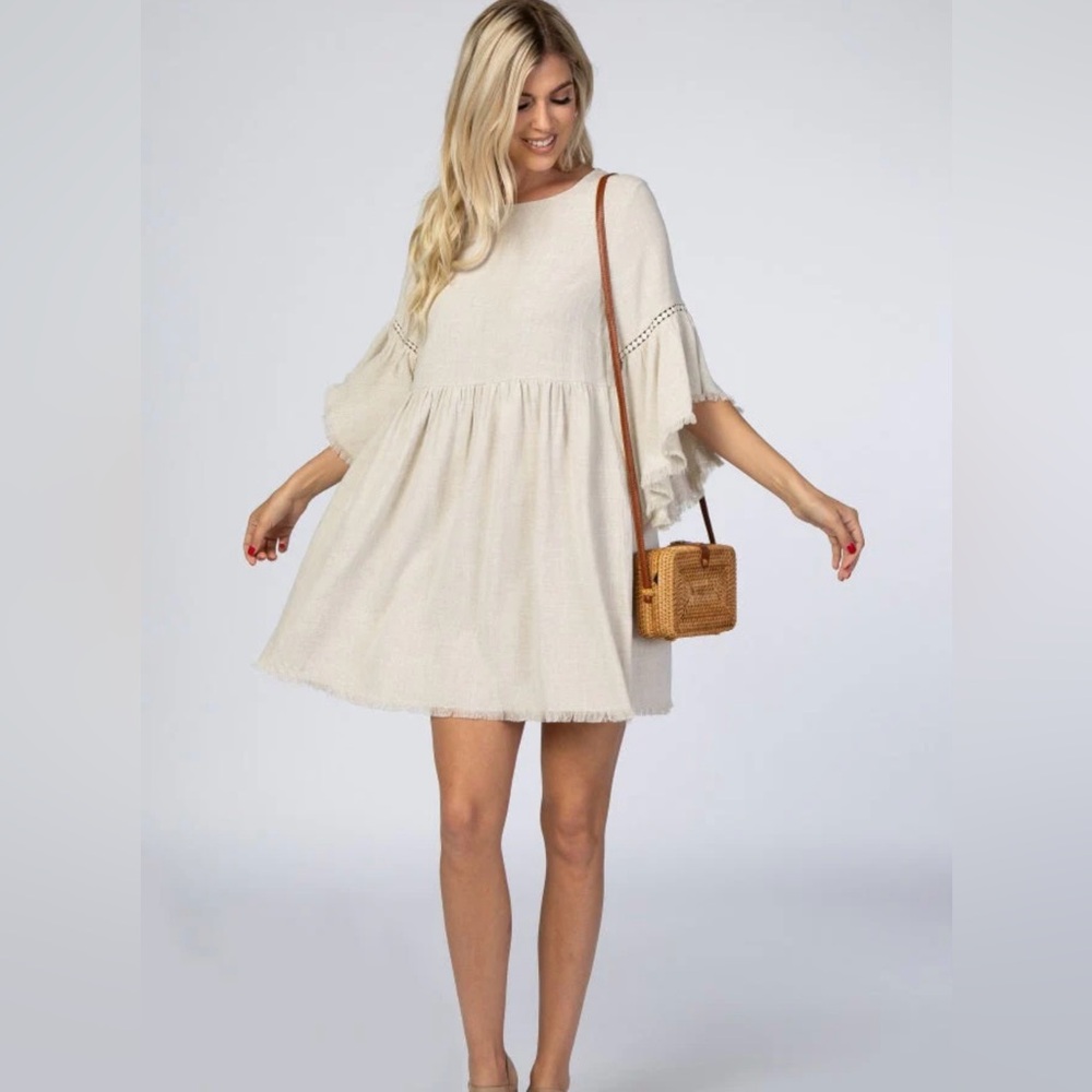 Beige Raw Edge Bell Sleeve Babydoll Maternity Dress from PINKBLUSH